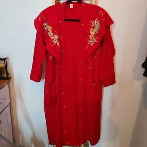 Focus USA 100% Acrylic Red  Women coat with Gold Trim And Studs One size fit all